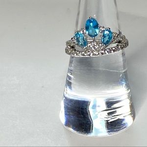 silver toned crown ring with aqua stones